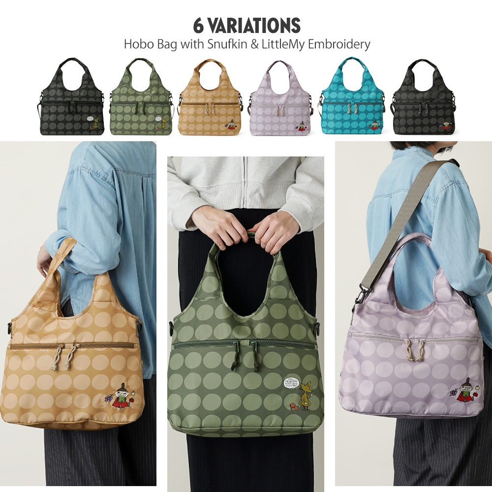 トートバッグ ホーボー バッグ hobobag 大きめ ショルダーストラップ付き レディース 40代 50代 60代 70代 リトルミイ スナフキン ムーミン カーキ ブラック 黒 オリーブ色 刺繍 水玉 ドット キャメル オレンジ 紫 藤色 パープル 水色 ブルー