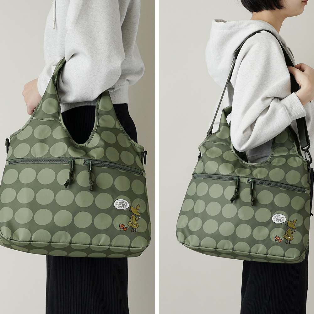 トートバッグ ホーボー バッグ hobobag 大きめ ショルダーストラップ付き レディース 40代 50代 60代 70代 スナフキン ムーミン カーキ ブラック 黒 オリーブ色 刺繍 水玉 ドット